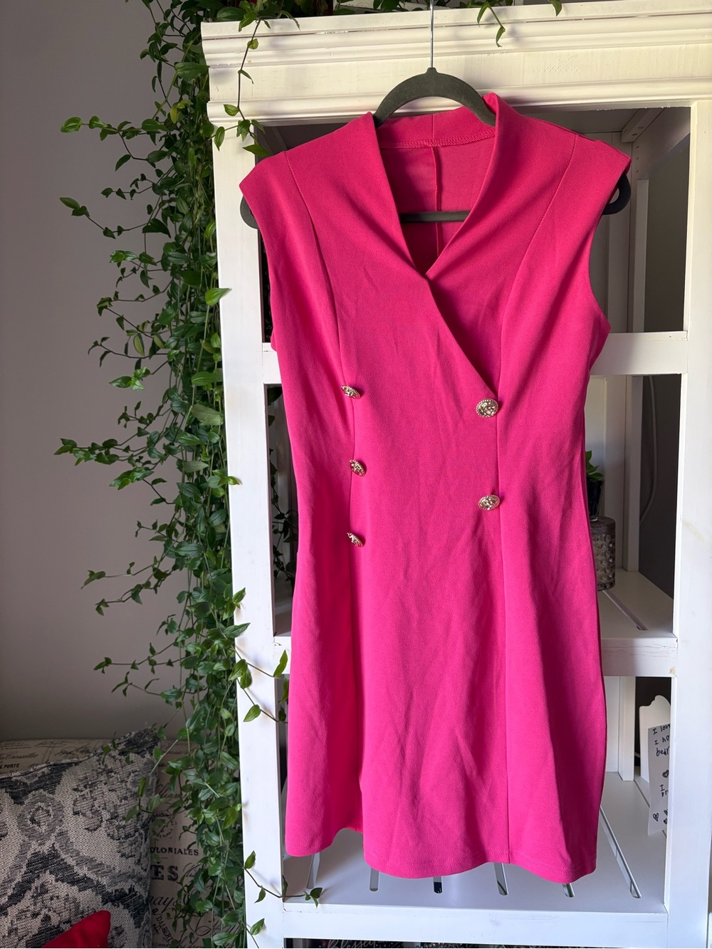 SHEIN Hot Pink Sleeveless Double-Breasted V-Neck Dress